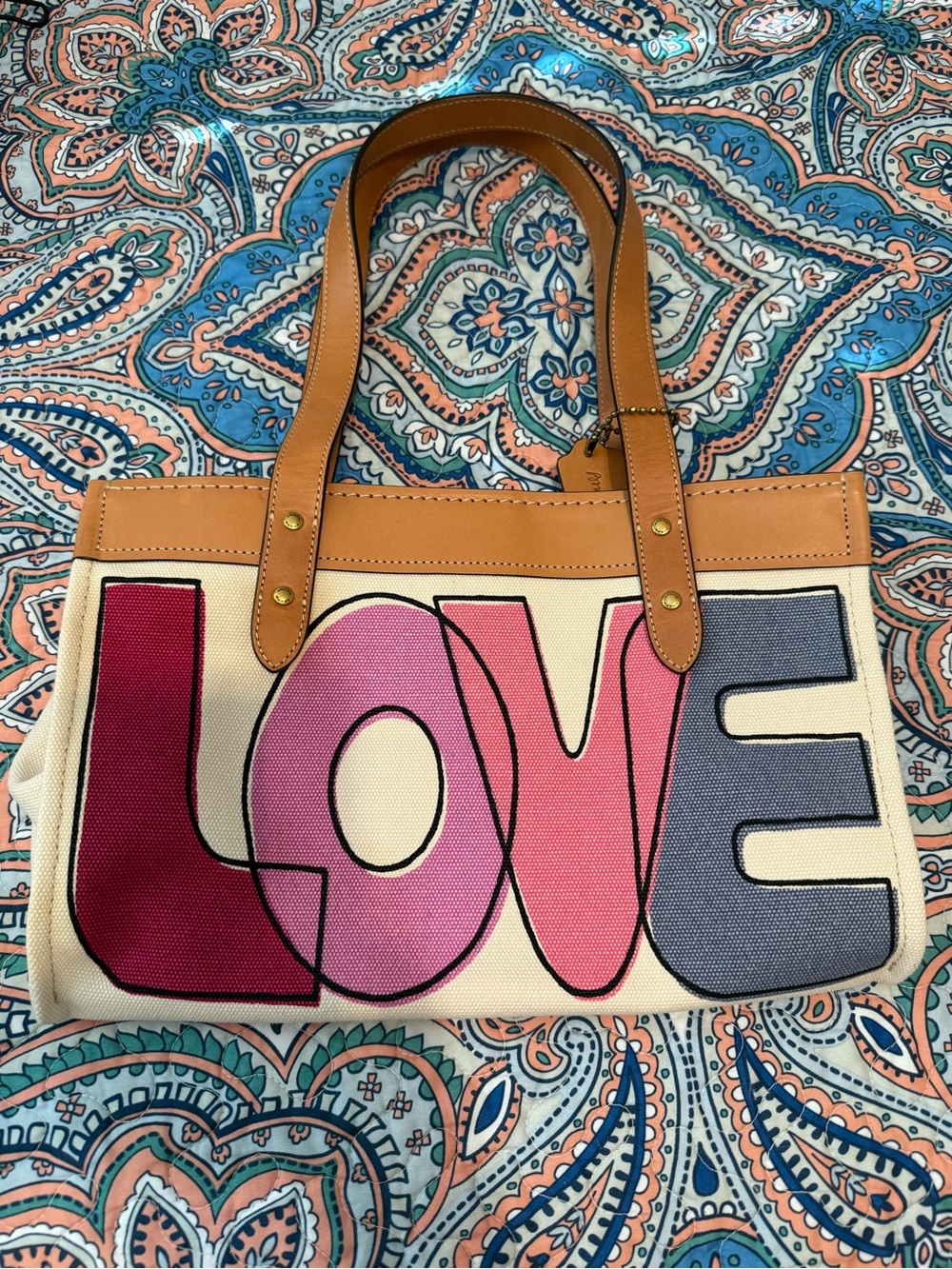 Coach Canvas Tote with Tan Leather Trim and Multicolor LOVE Graphic
